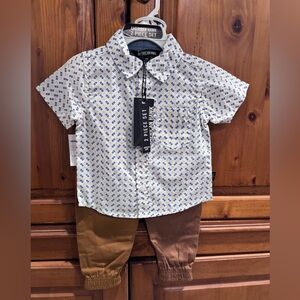 Patterned Short Sleeve Shirt and Brown Pants Set